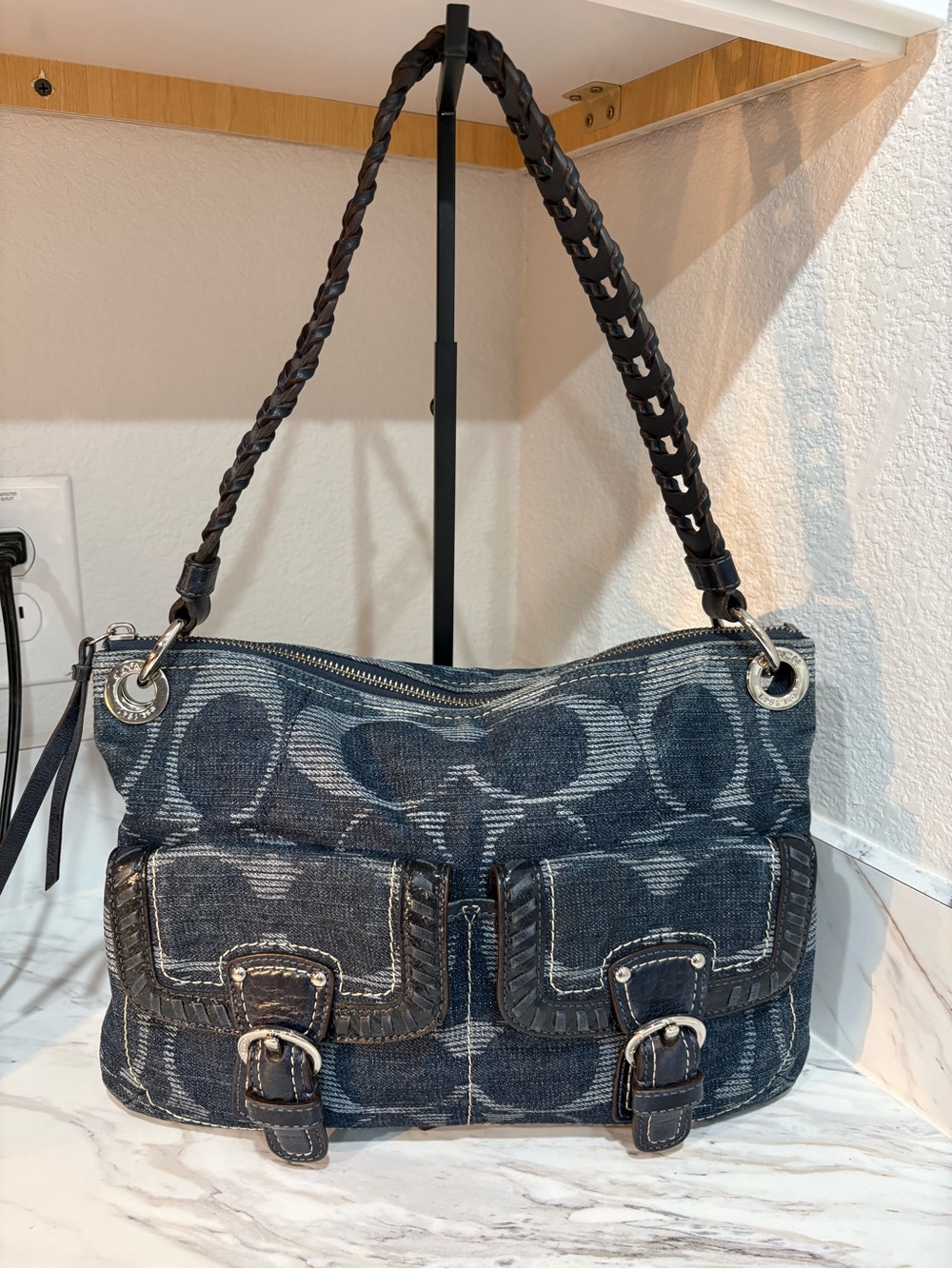 Coach double pocket denim purse with braided strap
